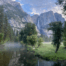 Yosemite Falls from Swinging Bridge in Yosemite National Park on a sunny morning.